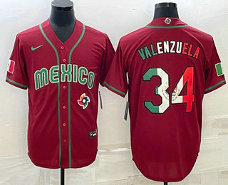 Mens Mexico Baseball #34 Fernando Valenzuela 2023 Red Blue World Baseball Classic Stitched Jersey1